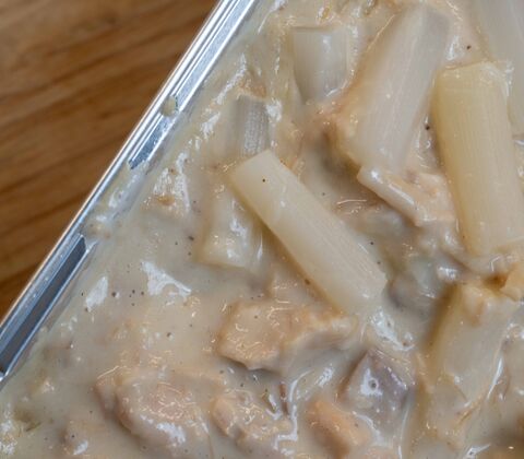 Hjemmelavet tarteletfyld med høns i asparges